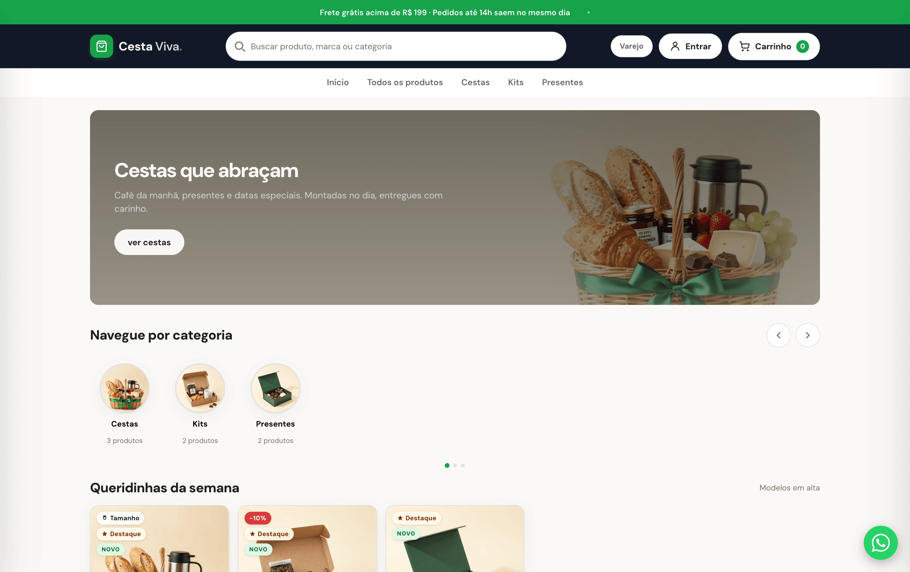Vitrine real de um catálogo rodando no Catálogo OS, com banner, busca e categorias